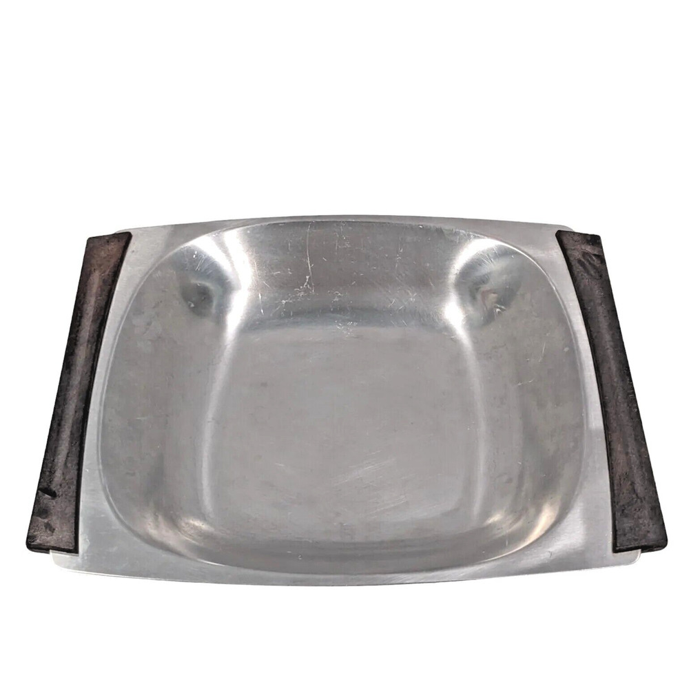 VTG Stainless Steel Teakwood MCM Tray Serving Handles Danish Modern 18/8 Denmark